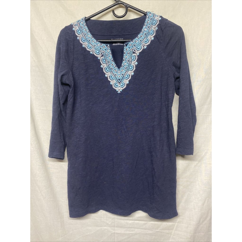 Talbots Women Long Sleeve Knit Blouse Shirt Embroidered V-Neck Navy Blue Top Xs